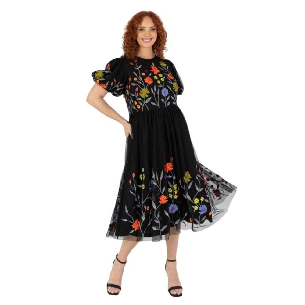 Maya Deluxe Womens/Ladies Floral Crew Neck Puff Sleeve Midi Dress / Black